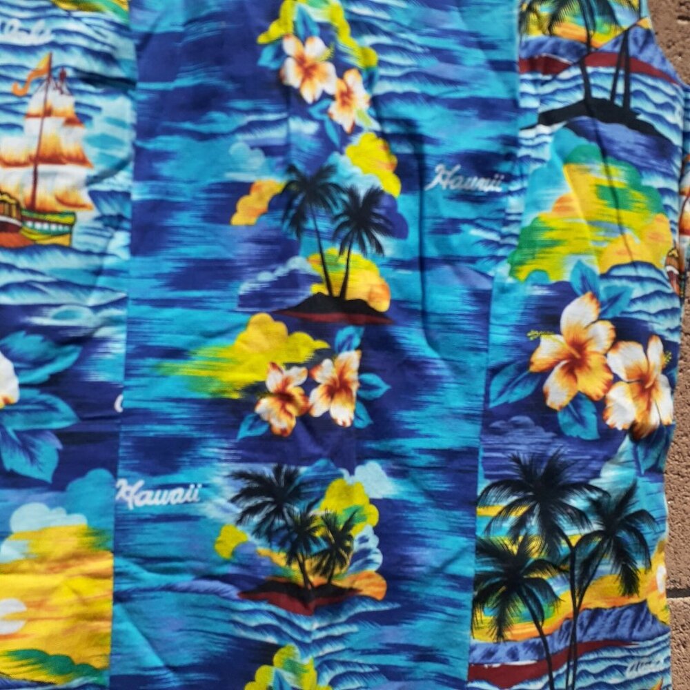 VTG Ky's Hawaiian Shift Dress Made Hawaii USA Sailboats Hibiscus Blue XL Aloha - Picture 5 of 5